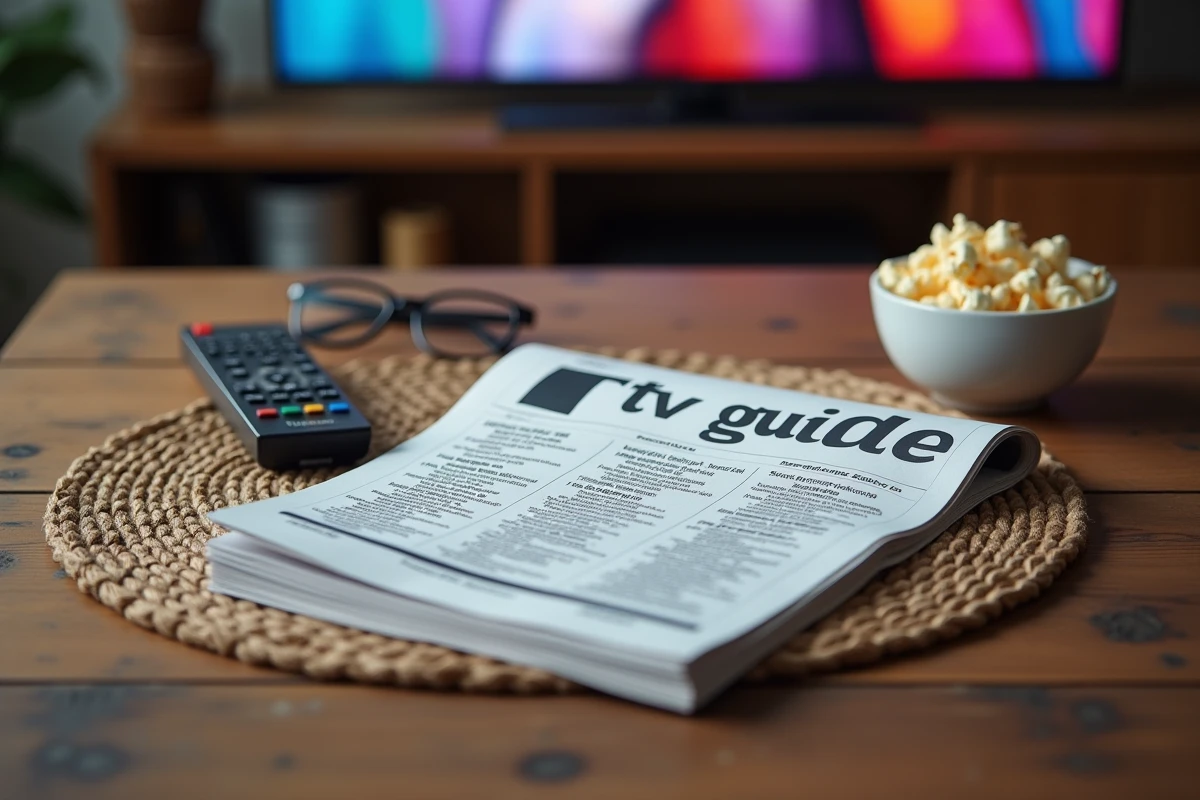 Programme télé imprimé ouvert sur une table en bois avec télécommande et popcorn devant une télévision