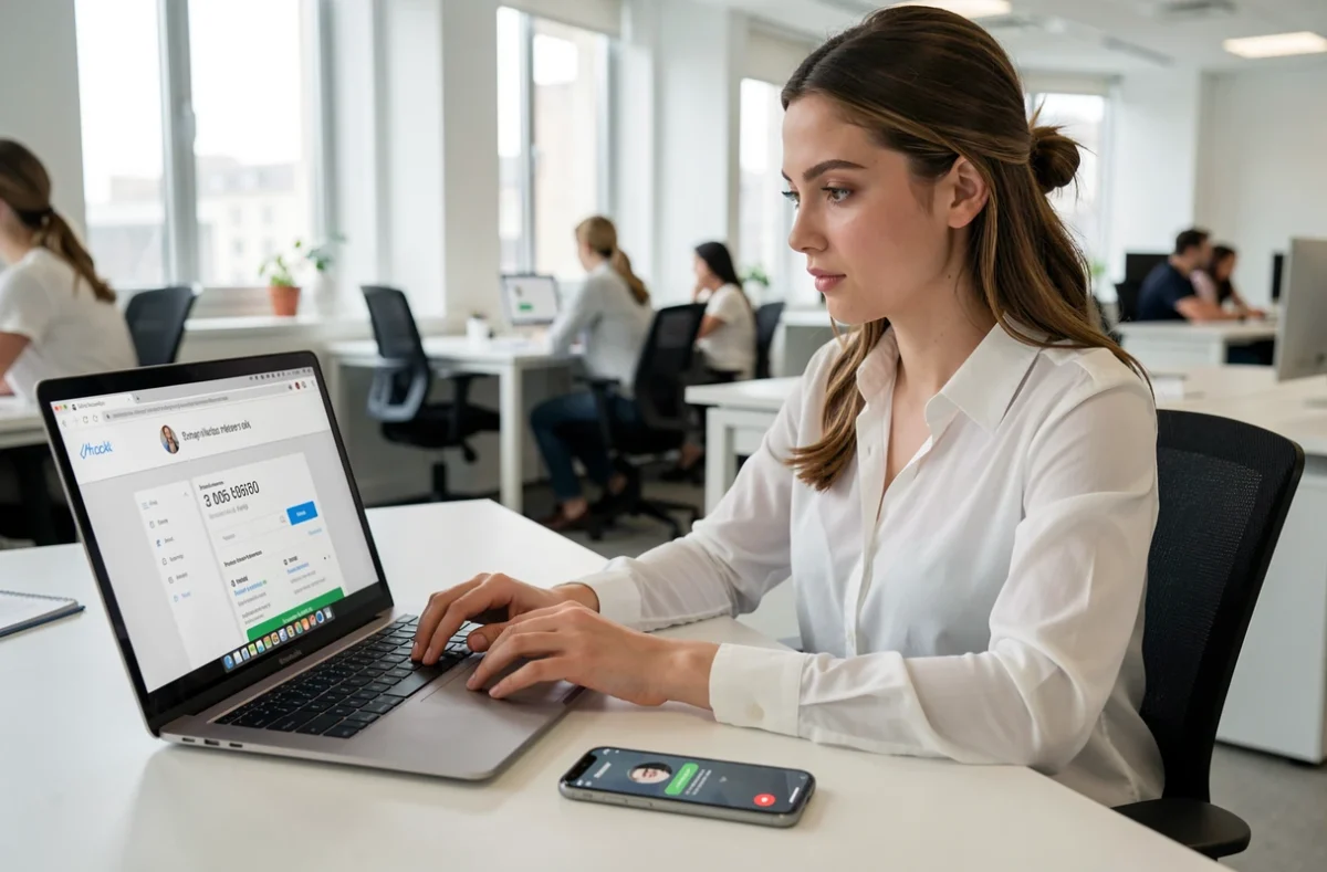 Jeune femme recherchant un numéro de téléphone portable sur un site internet depuis son bureau pour identifier un appel spam ou masqué