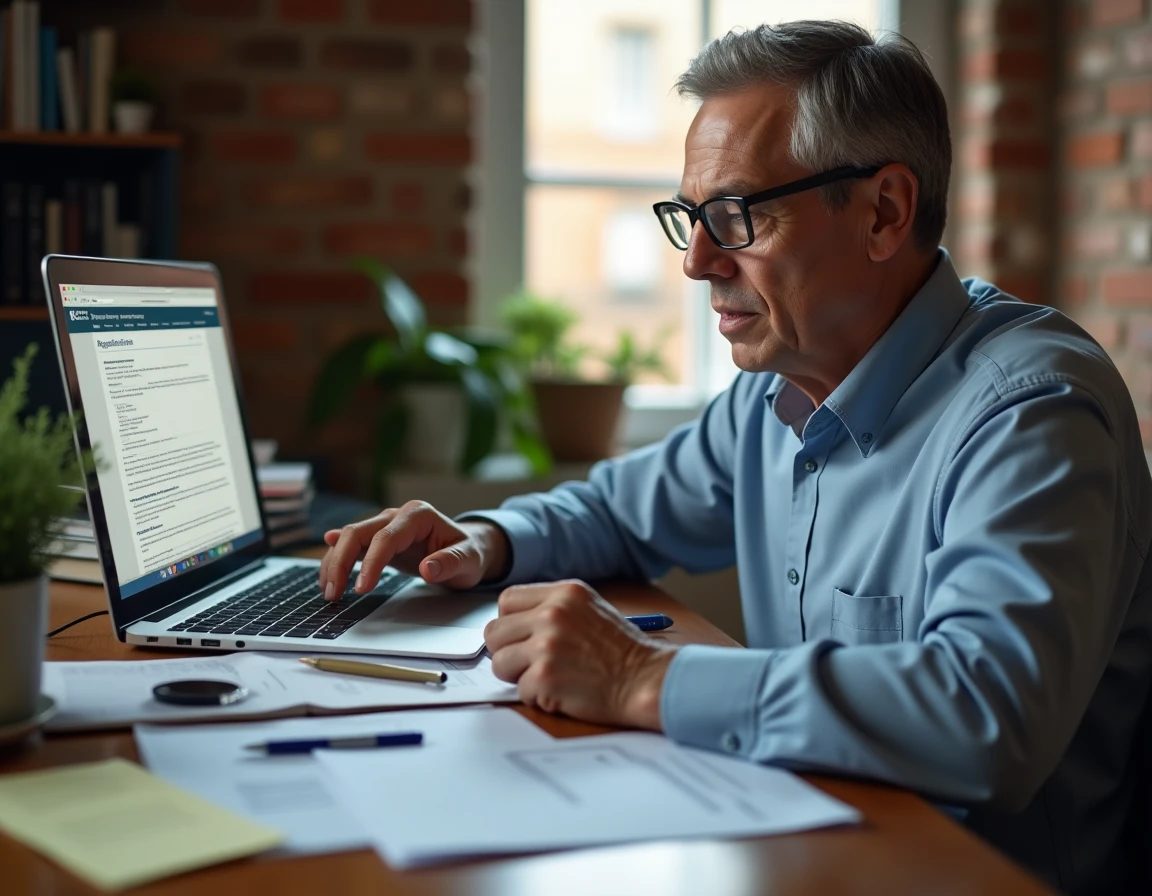 Homme consultant les réglementations municipales sur le tapage nocturne pour préparer une plainte officielle