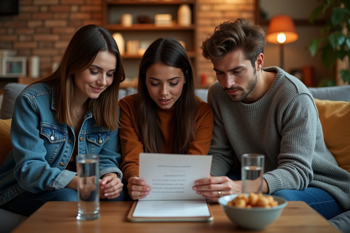 Amis consultant les règles d'un jeu de société dans un salon cosy le soir