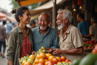 Voyageurs partageant un rire avec un vendeur local au marché