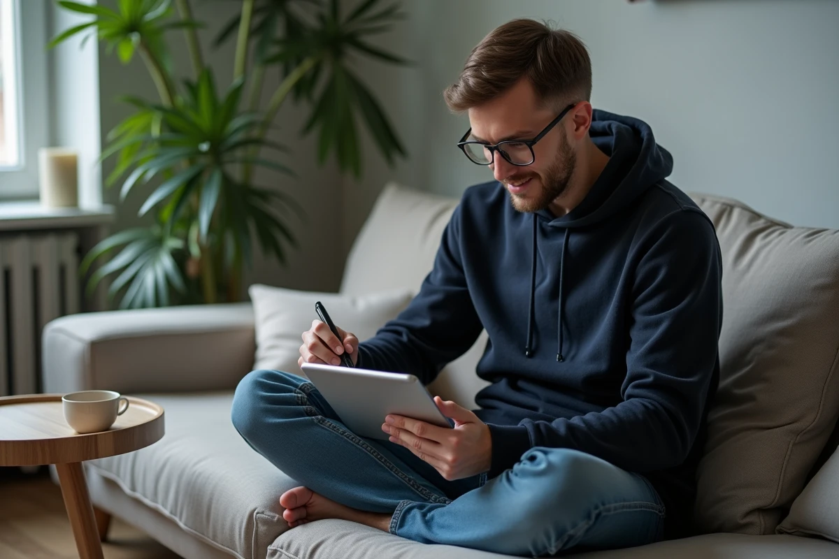 Homme apprenant les capitales avec une application de flashcards sur tablette depuis son canapé