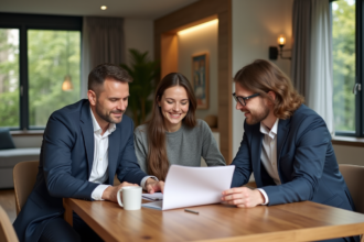 Homme d'âge moyen avec couple dans un appartement moderne