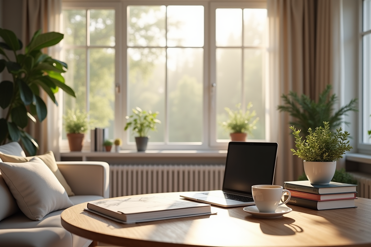 Salon intérieur lumineux avec espace de travail et guides immobiliers