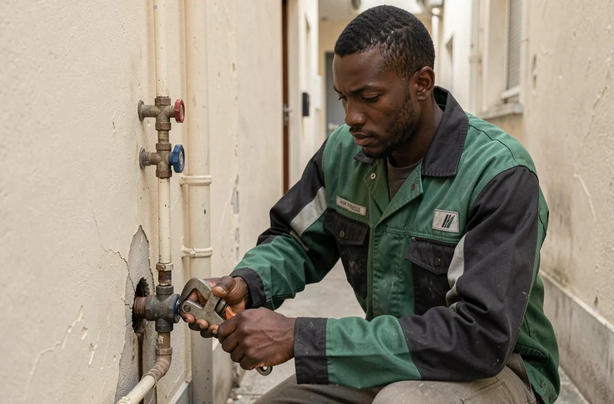 Sankhon Ousmane, plombier indépendant, réparant une fuite de canalisation dans un couloir d'immeuble en Haute-Vienne