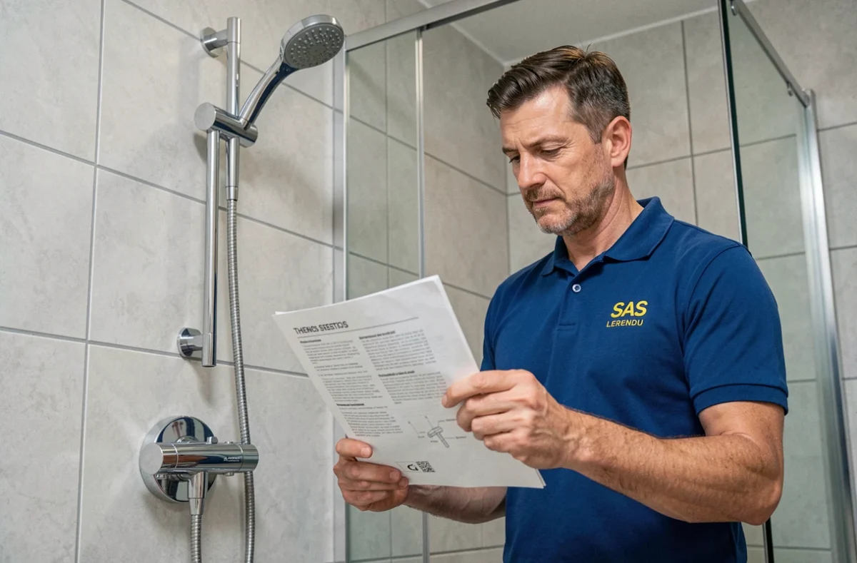 Plombier de SAS Lerendu installant un système de douche thermostatique dans une salle de bain moderne en Haute-Vienne