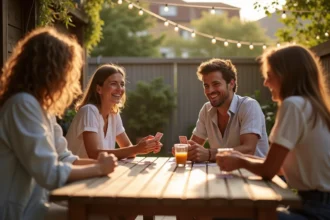 Groupe d'amis adultes jouant à un jeu de cartes autour d'une table en bois sur une terrasse estivale
