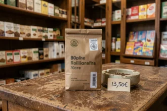 Pochette de tabac à rouler 30g en format neutre réglementaire posée sur le comptoir d'un bureau de tabac français avec étiquette de prix