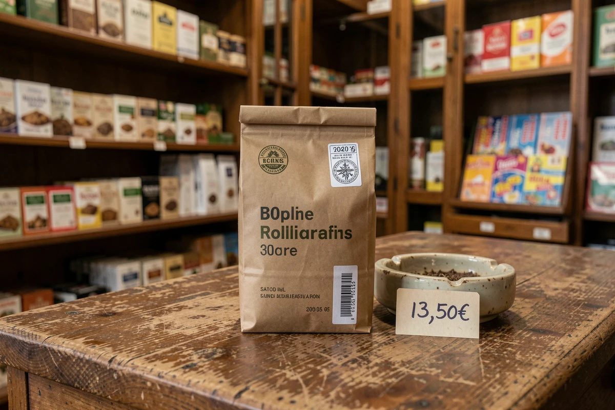 Pochette de tabac à rouler 30g en format neutre réglementaire posée sur le comptoir d'un bureau de tabac français avec étiquette de prix