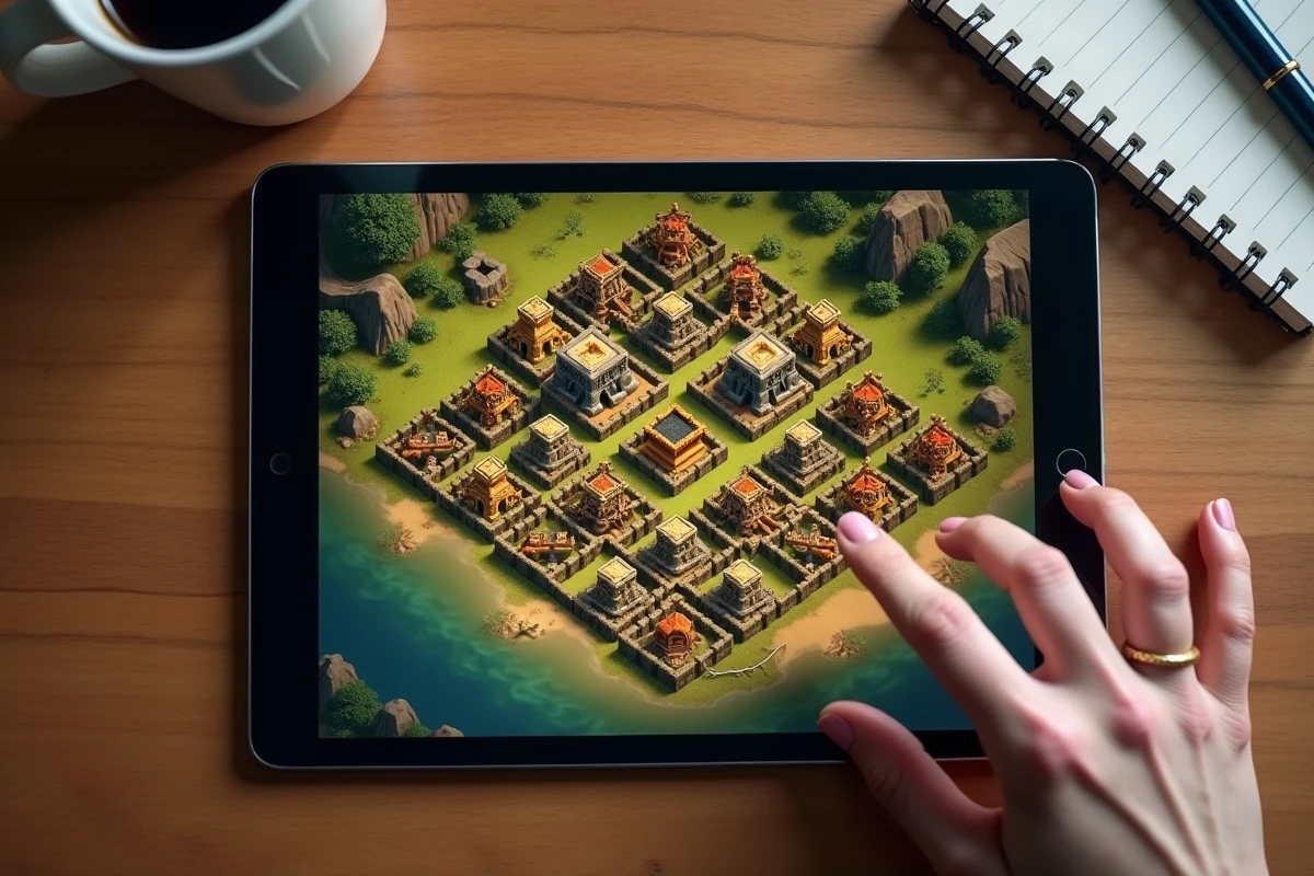 Vue aérienne d'une tablette montrant une base Clash of Clans HDV 12 avec composition anti 2 étoiles