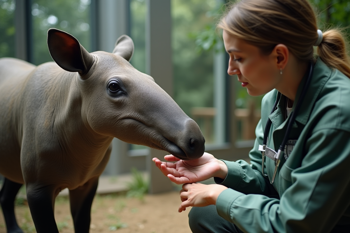 Tapir interagissant avec un zoologiste en centre de conservation