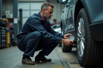 Technicien automobile mesurant la pression d'un pneu avec un manomètre affichant 69 PSI dans un garage professionnel