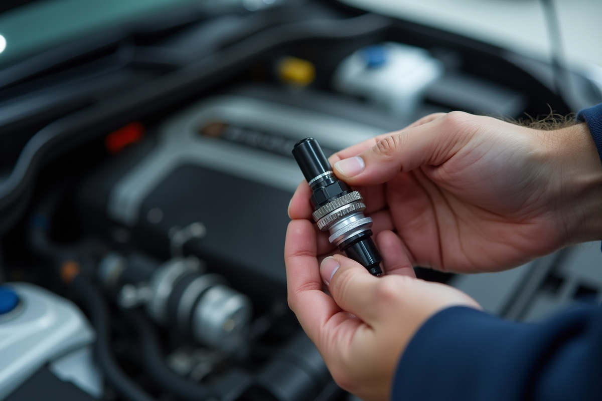 Mécanicien tenant un capteur de turbo moderne dans le compartiment moteur