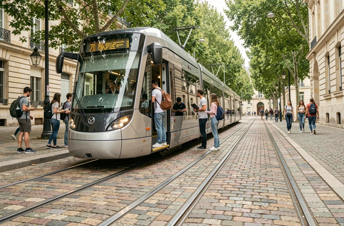 Tramway de Bordeaux avec des étudiants qui montent à bord près d'un campus universitaire en centre-ville