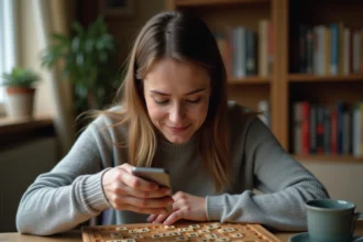 Femme consultant discrètement son téléphone caché sous la table pendant une partie de Scrabble à domicile