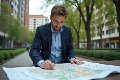 Jeune urbaniste examine un plan de zonage en plein air