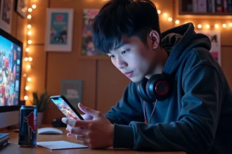 Jeune homme concentré utilisant un code rare sur un jeu mobile anime dans sa chambre décorée de posters