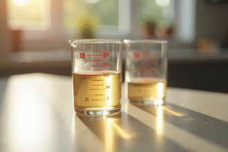 Verre mesure liquide sur plan de cuisine en lumière naturelle