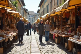 Vide grenier animé sur une place de village du Maine-et-Loire avec des tables de brocante chargées d'objets vintage