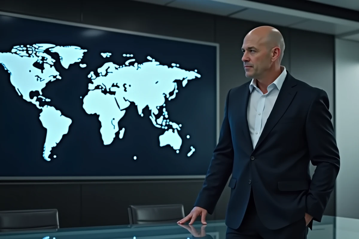 Homme chauve en costume sombre analysant une carte mondiale dans un centre de commandement high-tech, symbolisant les capacités mentales et les limites de la télépathie de Xavier