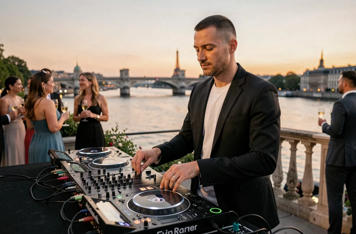 Yohan Sati mixant en terrasse au bord de la Seine à Paris lors d'un événement premium au coucher du soleil